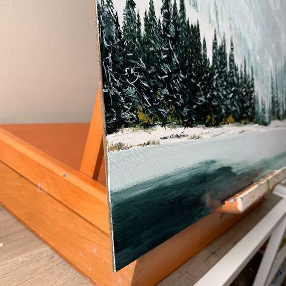 Original Oil Painting, Snowy Lake with Pines, Winter Landscape Art 16x20 Signed - Picture 4 of 8